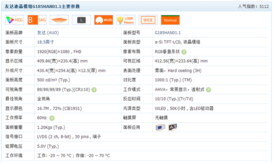 友達液晶模組G185HAN01.1主要參數